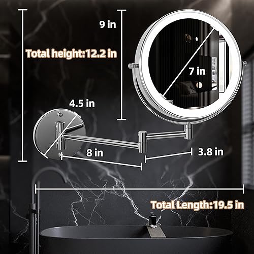 Miniatura 6 de Espejo de maquillaje iluminado de pared de 9 pulgadas con aumento, espejo de aumento 1X10X con luz, LED de 3 colores regulable 2000 mAh recargable