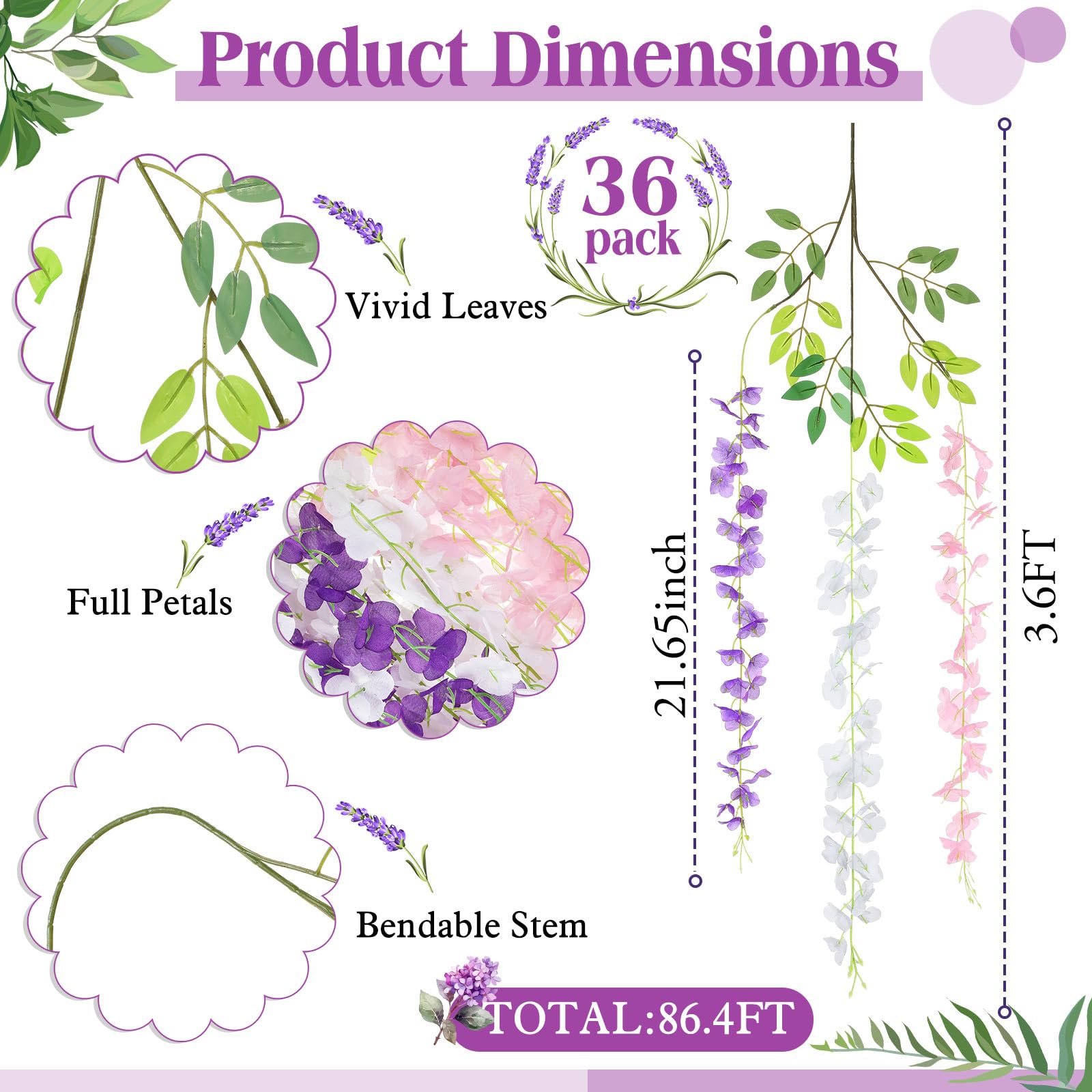 Thiccywoov Lot de 24 glycines artificielles à suspendre - 1 m - Guirlande de glycines artificielles pour toile de fond, décoration de mariage, fête à la maison (rose, blanc, violet)