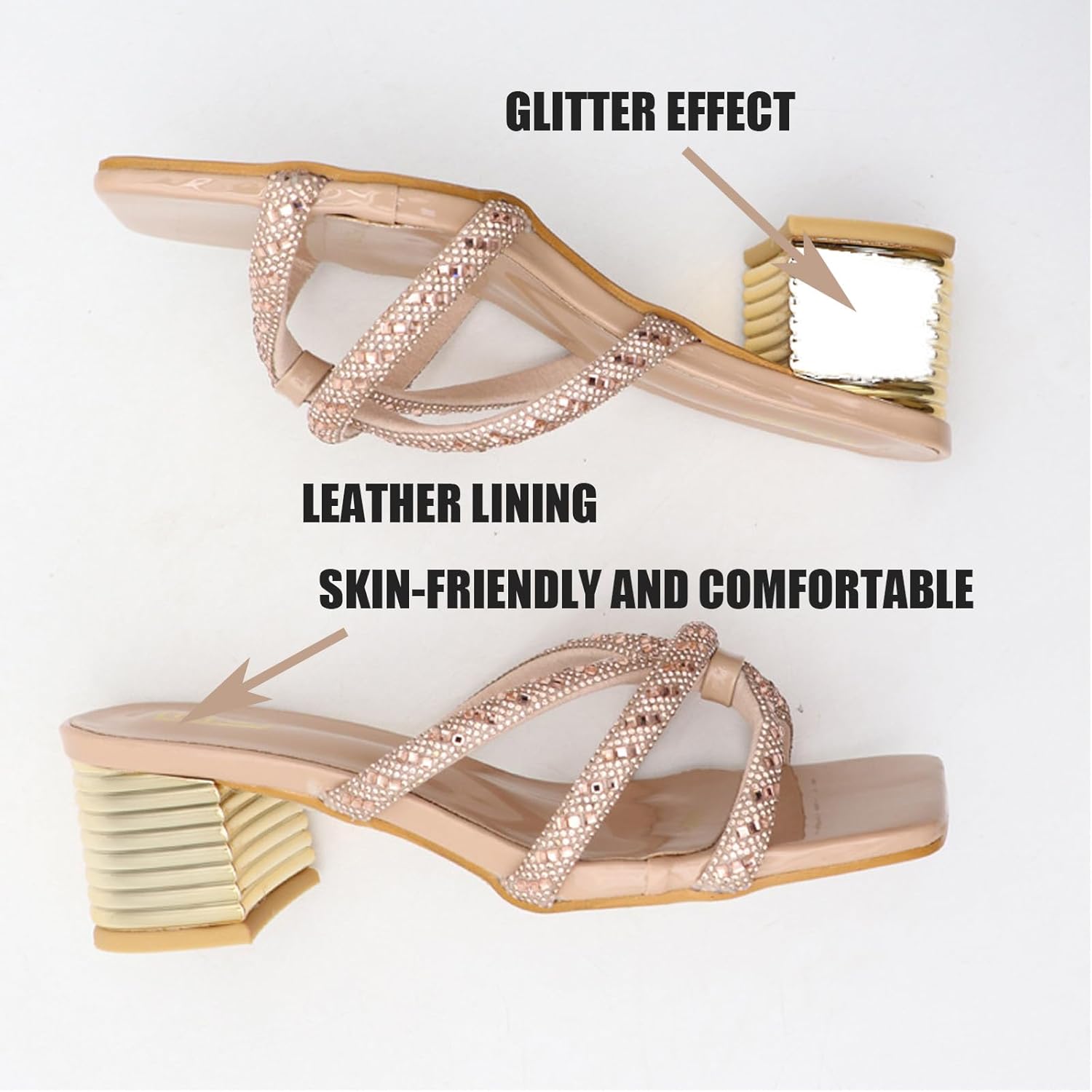 Women's Sexy Strappy Rhinestone Mid Block Heel Slide Sandals Fashion Square Open Toe Chunky Heels Slip on Sandals Summer Formal Dress Party Prom Slippers