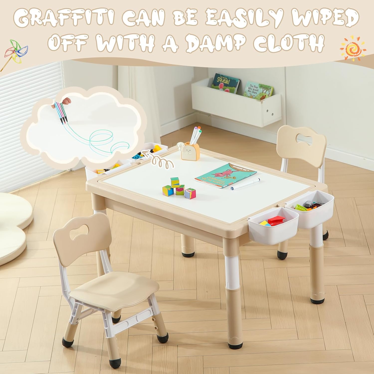 Hulaibit 4 in 1 Kids Table and Chairs Set, Toddler Activity Table with Storage, Graffiti & Building Blocks Double-Sided Tabletop, Multi Functional Tables and Chairs for Children Ages 3-6, Burlywood