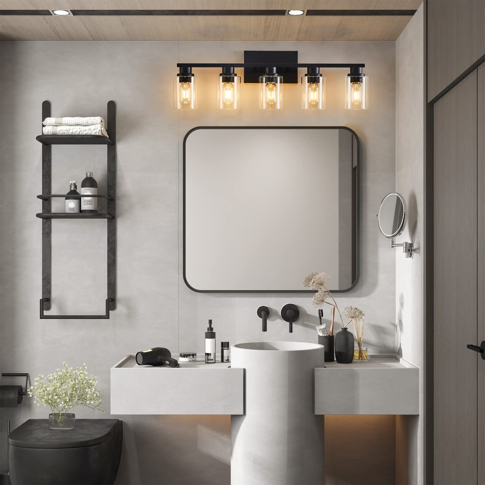 Atocif 5 Light Bathroom Vanity Light Fixtures, Black Vanity Light Above Mirror with Clear Glass Shade, Modern Wall Sconce Black with Bronze Vintage