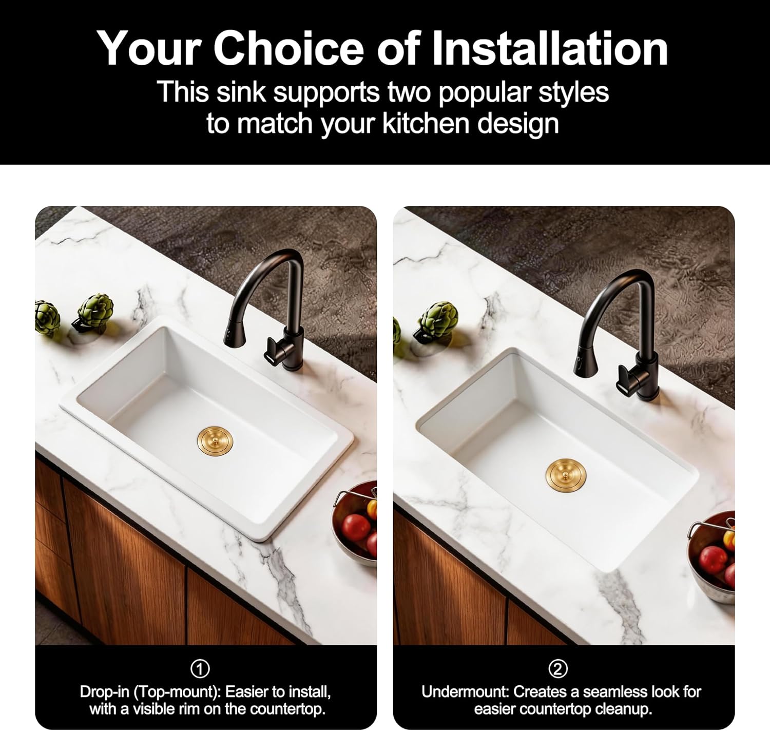 Kitsitchen 15 Inch Small White Bar Sink, Undermount Bar Sink Granite Composite Kitchen Sink 15" x 15", Quartz Stone Kitchen Sink with a Gold Sink Drain Strainer & a Gold Sink Bottom Grid
