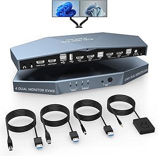KVM Switch 2 Monitors 2 Computers HDMI, 4K@60Hz Extended Display Dual Monitor KVM Switch with Audio Microphone Output and 3 USB 2.0 Ports, PC Screen Keyboard Mouse Switcher