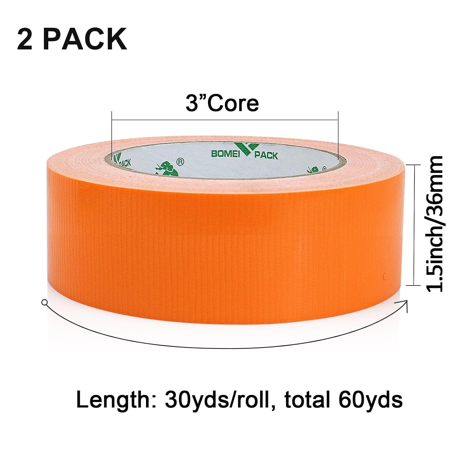 BOMEI PACK Orange Duct Tape, Industrial Grade 2Pack 1.5 inches (36mm) x 30 Yards, 9 Mil Heavy-Duty, Waterproof, UV Resistant for Crafts & Home Improvement