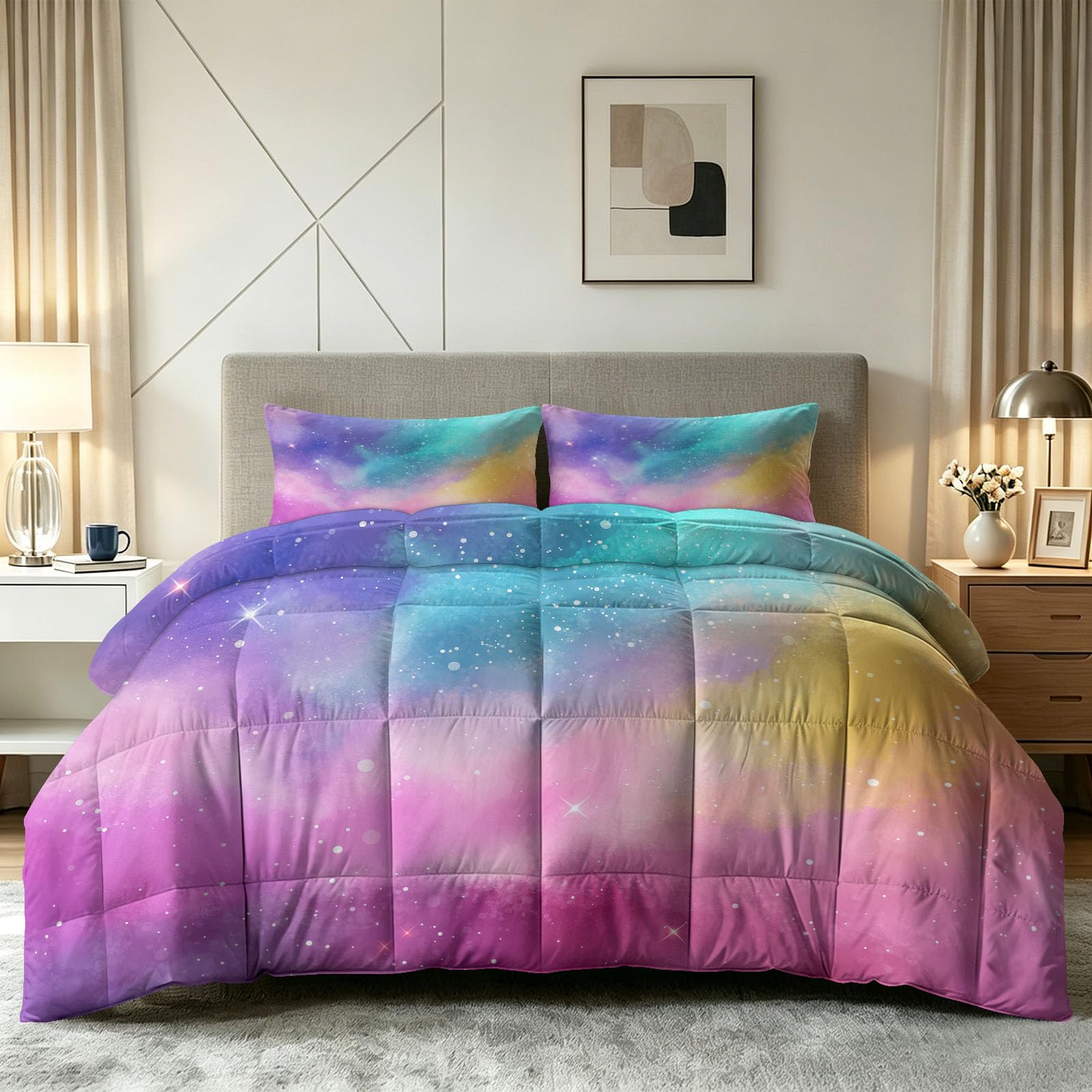 Traumhaft Stil Bettdecke Ohne Bezug 155 x 220 cm, 4 Jahreszeiten Steppdecke mit Regenbogen Farbverlauf Sterne Design - Waschbar Hautfreundlich Ganzjahresdecke mit 2 Kissenbezügen 80x80 cm