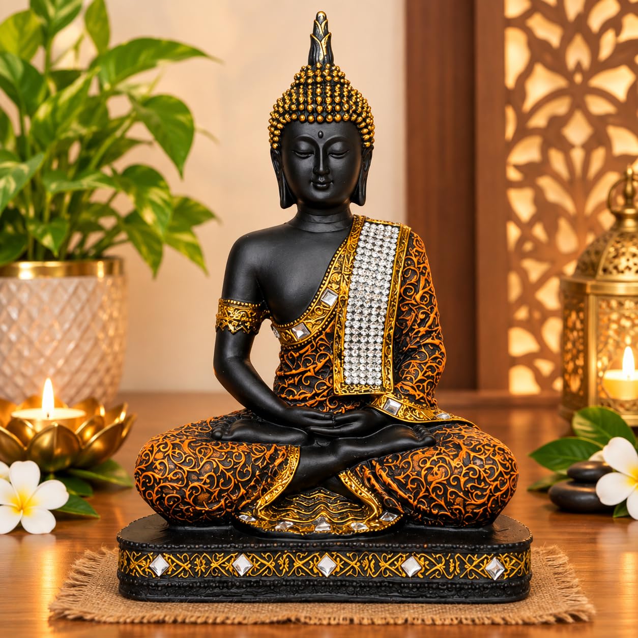 Sitting Buddha Statue - Orange Resin Idol -1
