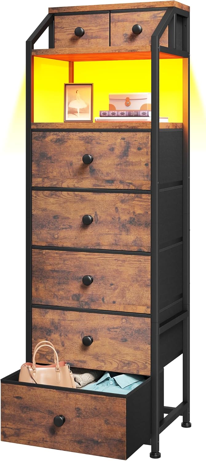 EnHomee 51.2" H Vertical Dresser with LED Lights, 7 Fabric Drawers Dresser for Bedroom, Sturdy Nightstands with Open Wood Shelf, Metal Frame, Bedside Table for Dorm, Entryway, Bathroom (Rustic Brown)