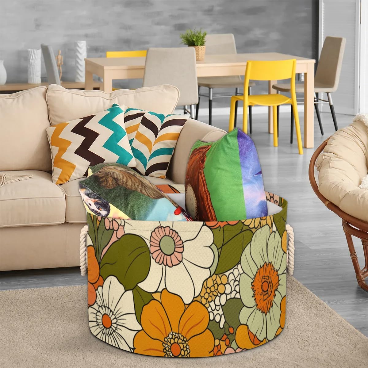 Colorful Sunflower Storage Basket Daisy Roses Floral Foldable Storage Bin with Handles Organizer Bins Shelves Boxes for Blankets Clothes Shoes Closet Living Room