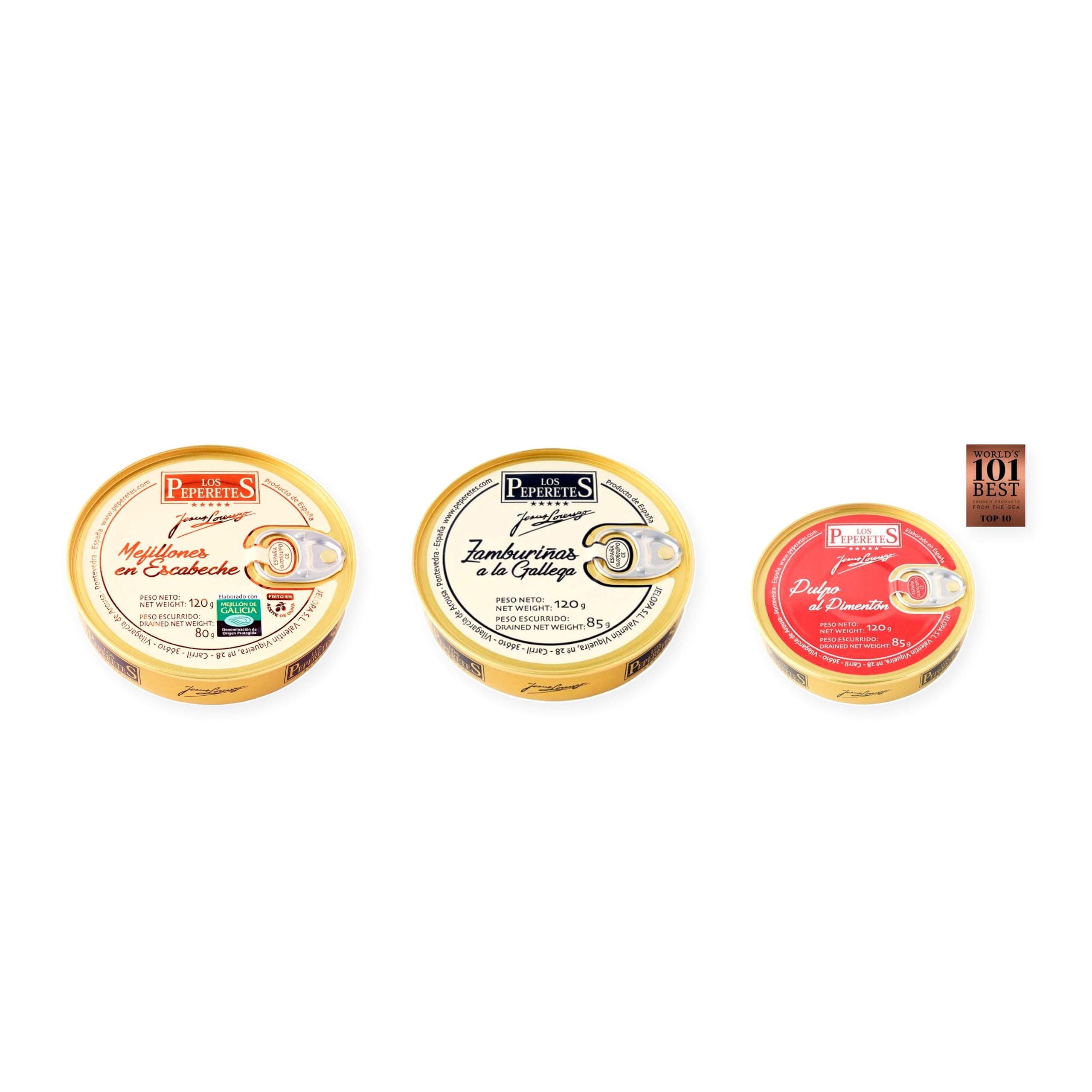 los peperetes conservas Mejillones Escabeche 10-12, Zamburiñas Gallega y Pulpo Pimentón pack 3 latas