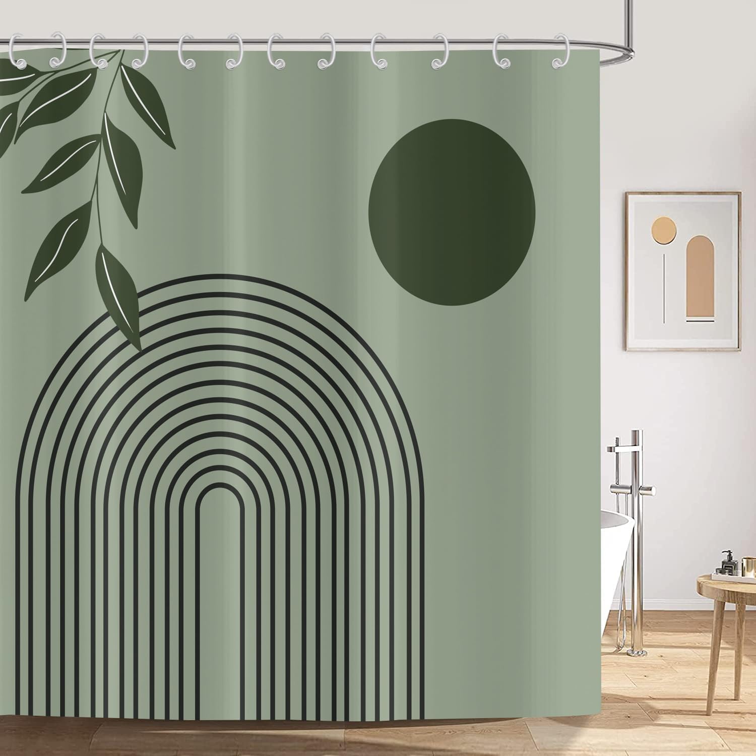 Tenda da doccia verde salvia 220 x 200 cm (L x A) Stile moderno di metà secolo, motivo a foglie e linee di sole, lavabile, in tessuto impermeabile, con ganci per bagno e vasca