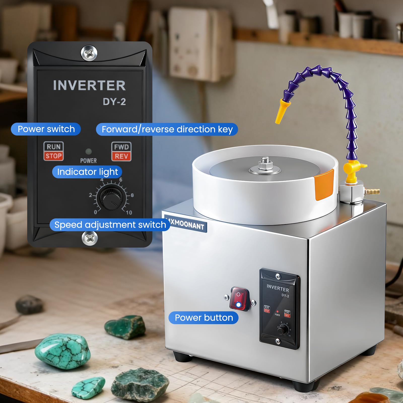 Mxmoonant 6-Zoll-Flachschleifmaschine 2980 U/min mit 5 Schleifscheiben, einstellbare Richtung und Geschwindigkeit, ideal für Edelsteine