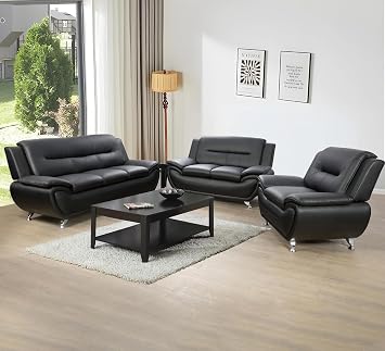 Black Leather Sofa Set with Loveseat and Chair, 3 Piece Living Room Furniture, Black Couch Set for Living Room/Apartment/Office Black