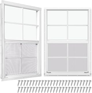 Tandefio 2 Pcs 18''x 27'' White Flush Mount Shed Window with Tempered Glass and Screen Household Windows Sliding Windows with Vertical Slider and Screws for Chicken Coop Loft Sheds Barns