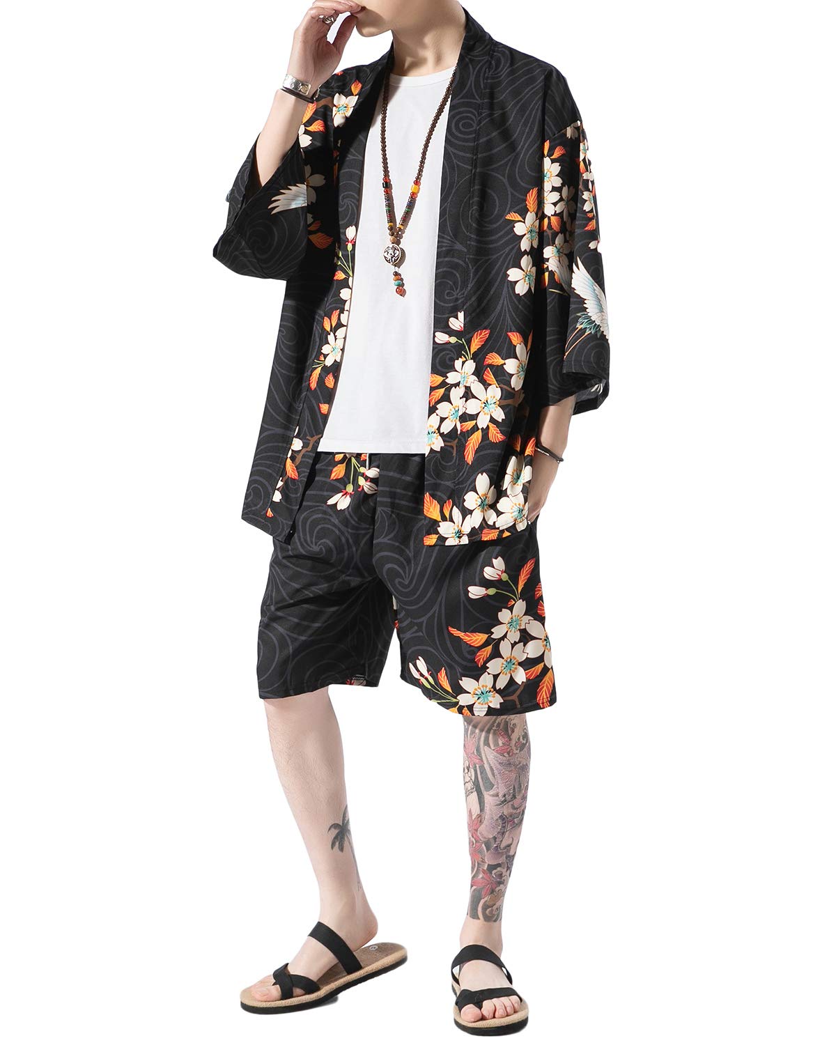 Men's Japanese Style Kimono Tops Pants Sets Lightweight Casual Seven Sleeves Open Front Cardigan & Shorts
