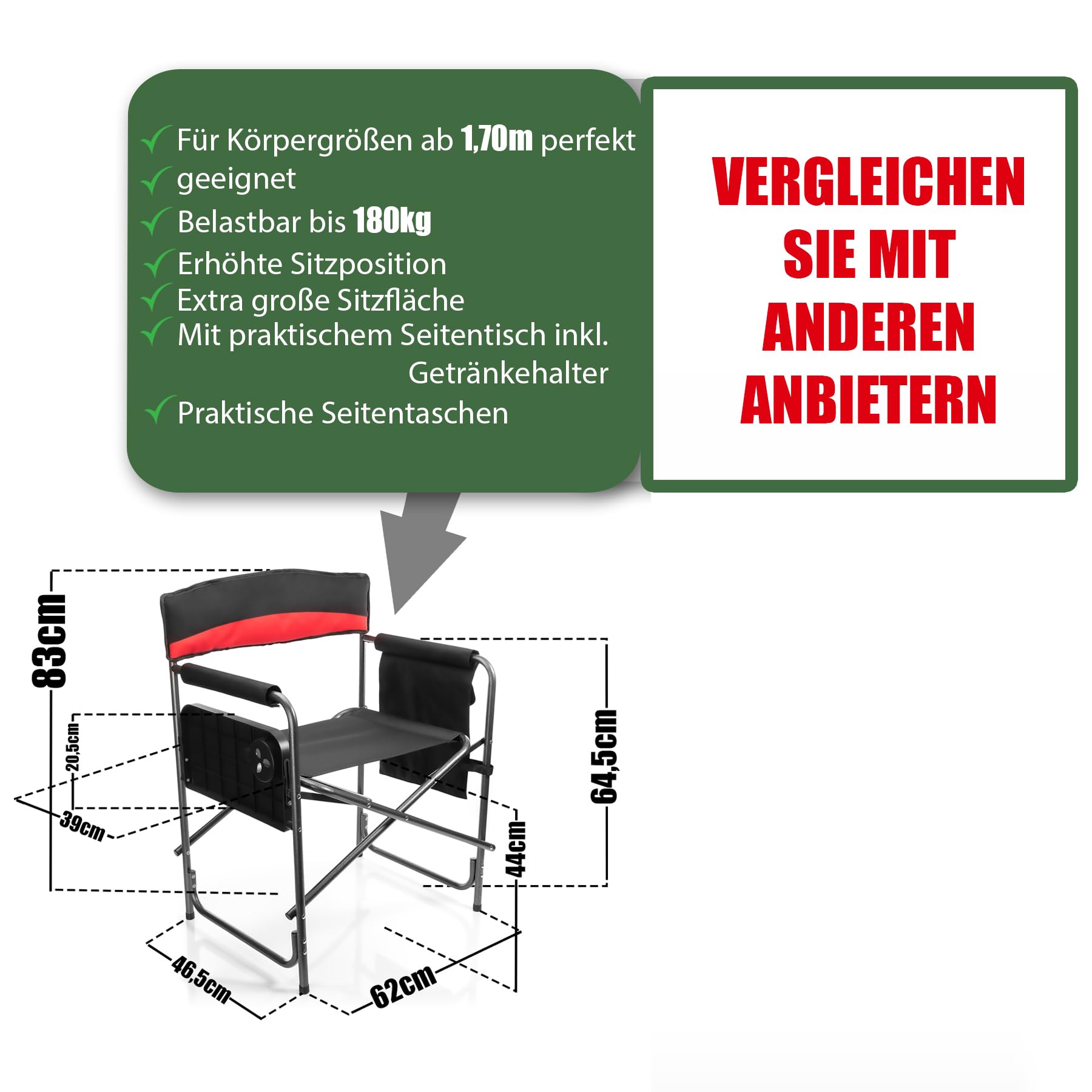 BigDean Campingstuhl 150kg mit Tisch – Klappstuhl mit Getränkehalter + Seitentasche – Hochwertiger Angelstuhl in Schwarz/Rot – Regiestuhl Klappbar für Camping und Outdoor – Metall und Kunststoff