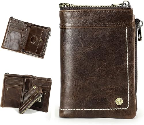 CONTACTS Cartera de cuero para hombre, pequeña, plegable, RFID, con cremallera marrón, vintage, extraíble, bolsillo para monedas, tarjetero con