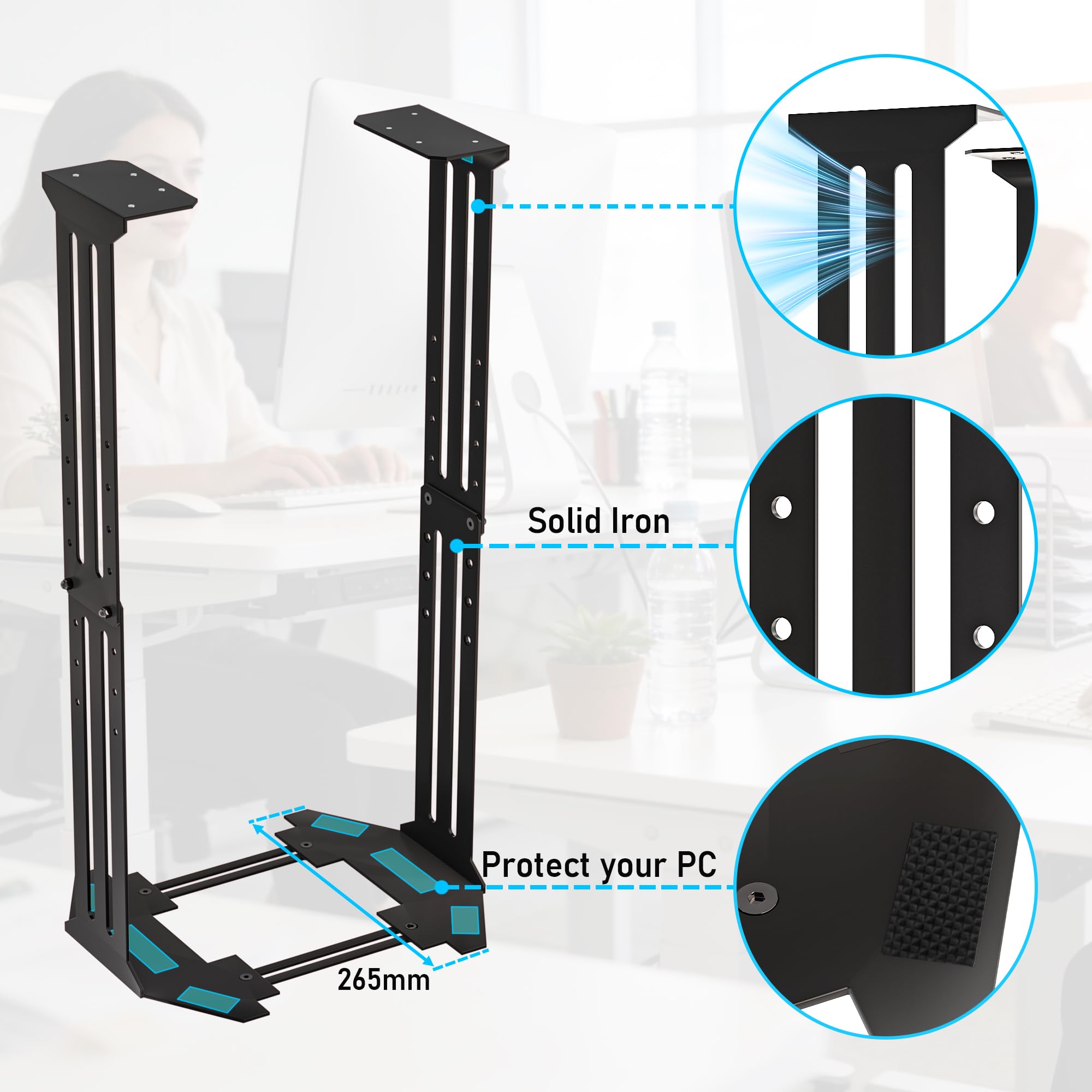Supporto da scrivania per PC, 34 kg, larghezza 18-31 cm, regolabile, con tappetini protettivi, per case a torre in ufficio, giochi, laboratorio e casa, nero