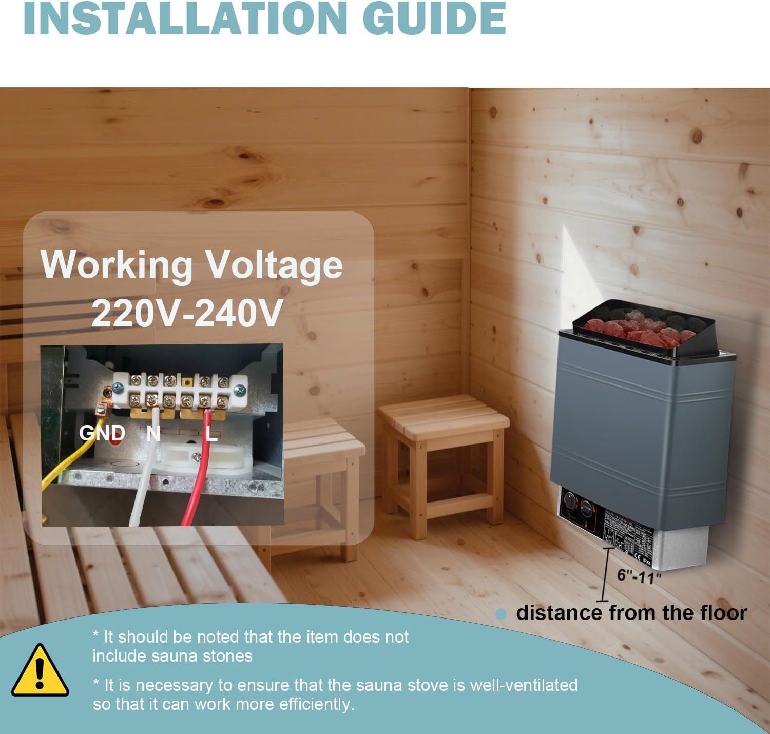 Sauna Heater-Electric Sauna Heaters 220V 6KW，Dry Sauna Heater with Built-in Controller，Suitable for SPA Houses,Home,Hotels Dry Saunas Built-in Controller,Suitable 260 Cu.Ft (6KW 220V)