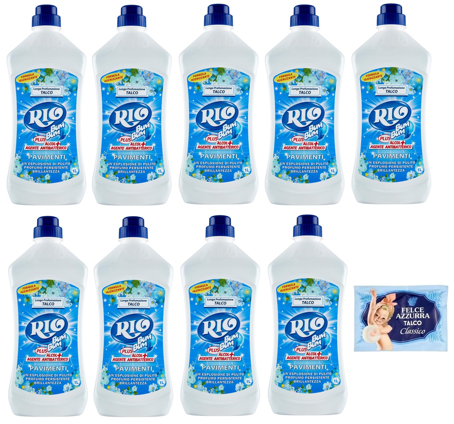 9er-Pack RIO Bum Bum Pavimenti Talco, Bodenreiniger mit Alkohol, Talk Duft,1Lt + 1er-Pack Kostenlos Felce Azzurra Talkumpuder, 100g-Beutel