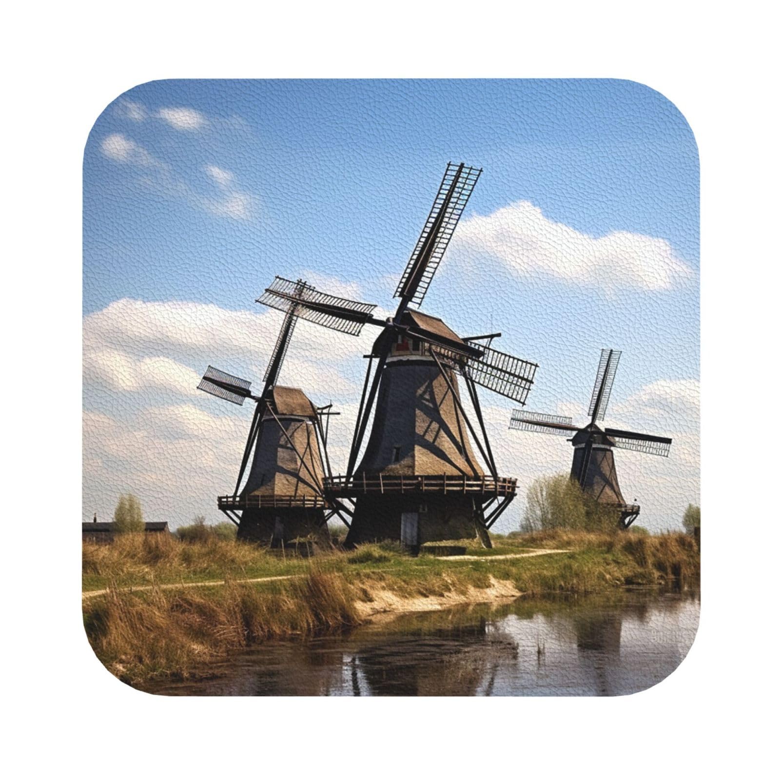 Fodpand Square Windmills Drink Coasters Set Of 4, Heat Resistant Leather Coasters Fuuny Bar Beer Beverage Coaster For Drinks, Absorbent Cup Mat For Tabletop Protection, Housewarming Gift