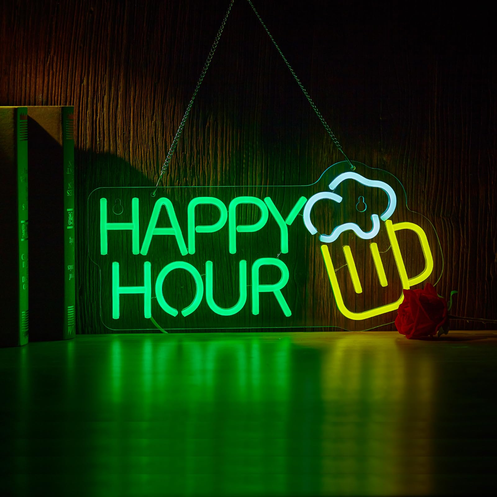 Roouneon Panneau néon LED Happy Hour à intensité variable pour bar, club, chambre à coucher, bureau, hôtel, pub, café, mariage, fête d'anniversaire, décoration murale (43,2 x 20,3 cm)