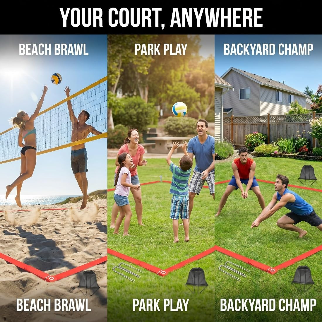 Beachvolleyball Linien Set, Professionelle Volleyball Feldmarkierung für Sandplatz und Garten, Reißfestes Gurtband mit Hoher Sichtbarkeit, Inklusive Erdspieße