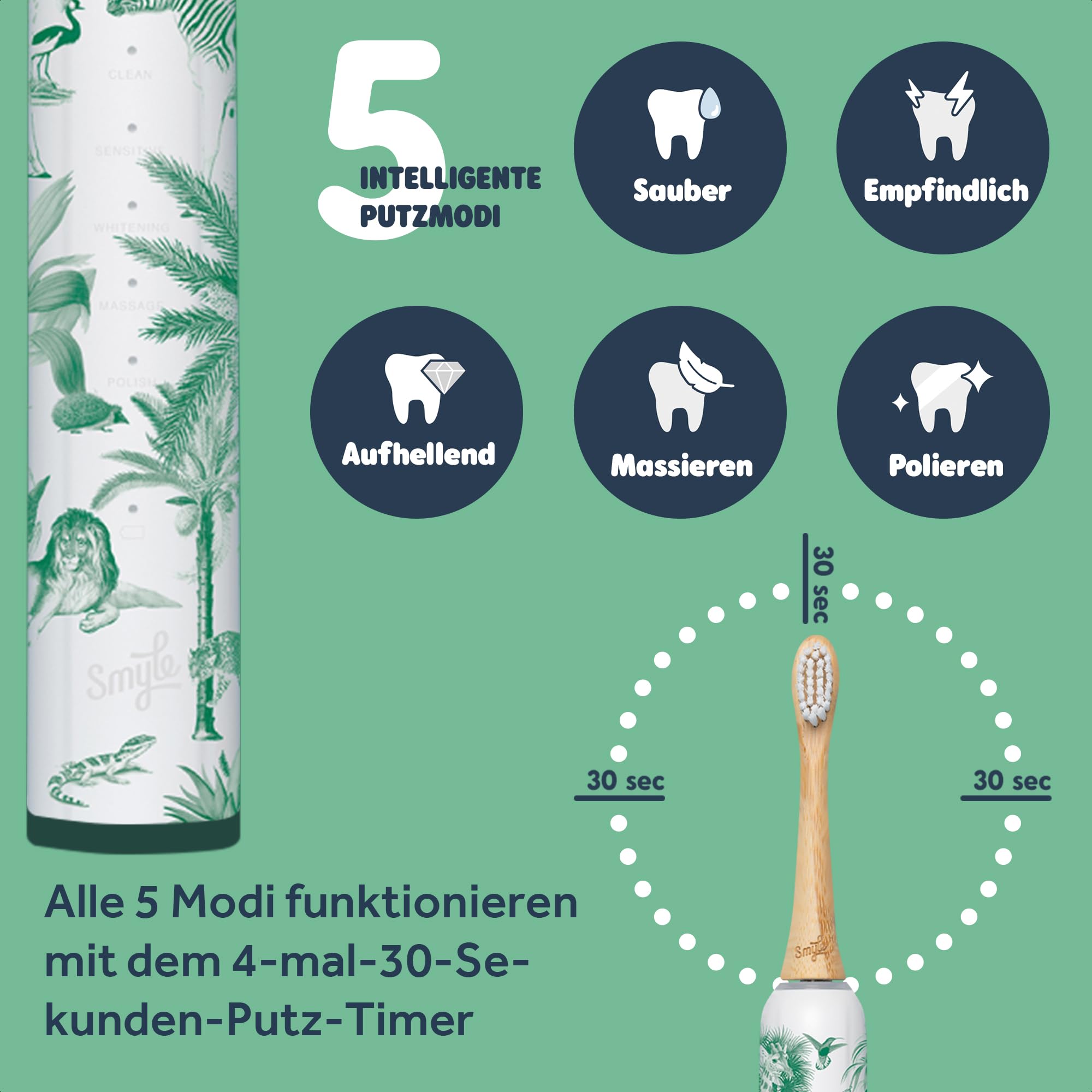Smyle Zahnbürste - Schallzahnbürste mit Sensor – 3 Monate Akkulaufzeit, USB-C-Ladegerät, intelligenter Timer, 5 Putzmodi, wasserdicht – Elektrische Zahnbürste – Jungle-print