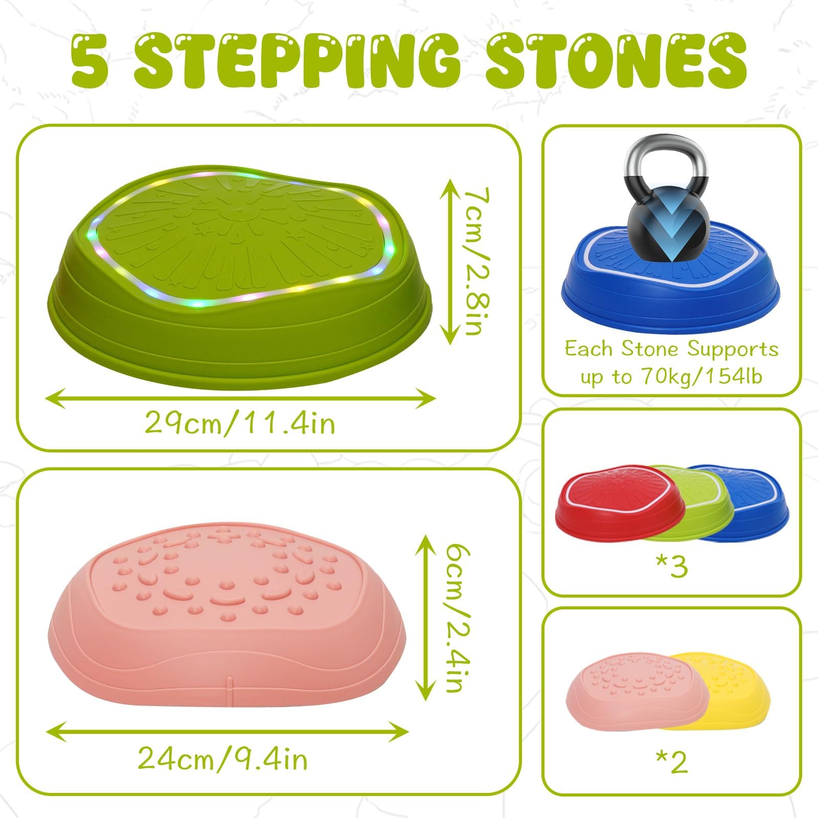Pierres d'Équilibre Enfants 5PCS Parcours Motricité avec Musique et Lumière – Formation d'Équilibre Antidérapantes Jouets Sensoriels Int-Ext 3-8 Ans 70 kg