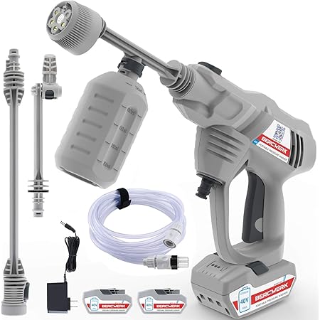 Amazon Bergwerkワイヤレス充電式ハンドヘルド高圧洗浄機 水道水 接続 自吸タイプ 高圧と低圧の切り替え可能 軽量で便利な高圧水鉄砲 家庭用および屋外洗浄に適しています 3x40vバッテリー 充電器 グレー 高圧洗浄機本体