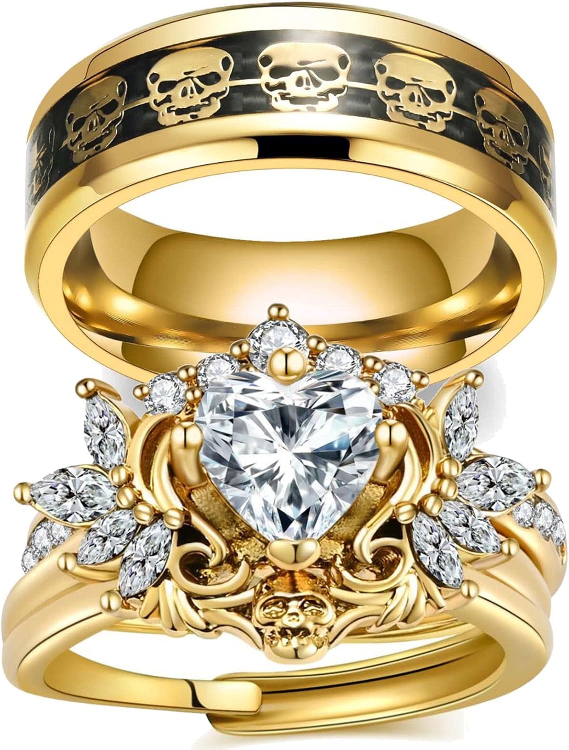 Couple Rings Matching Rings Black Wings Skull Ring 1.5ct Red CZ Womens Wedding Ring Sets Punk Ring