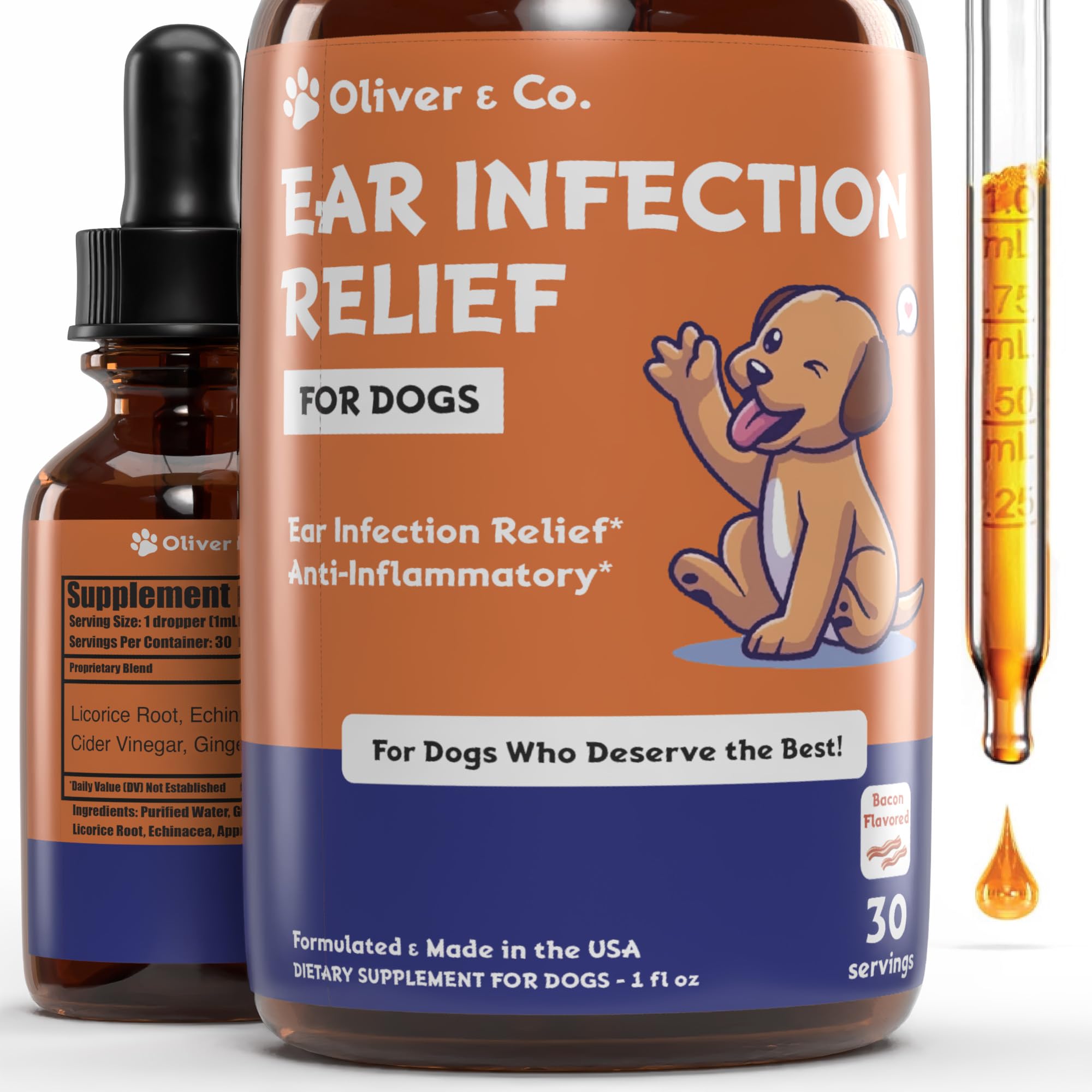 Natural Dog Ear Cleaner and Infection Treatment for Dogs - Dog Drops for Itching, Irritation, & Redness - Ear Infection Treatment for Dogs - 1 fl oz - Bacon Flavor