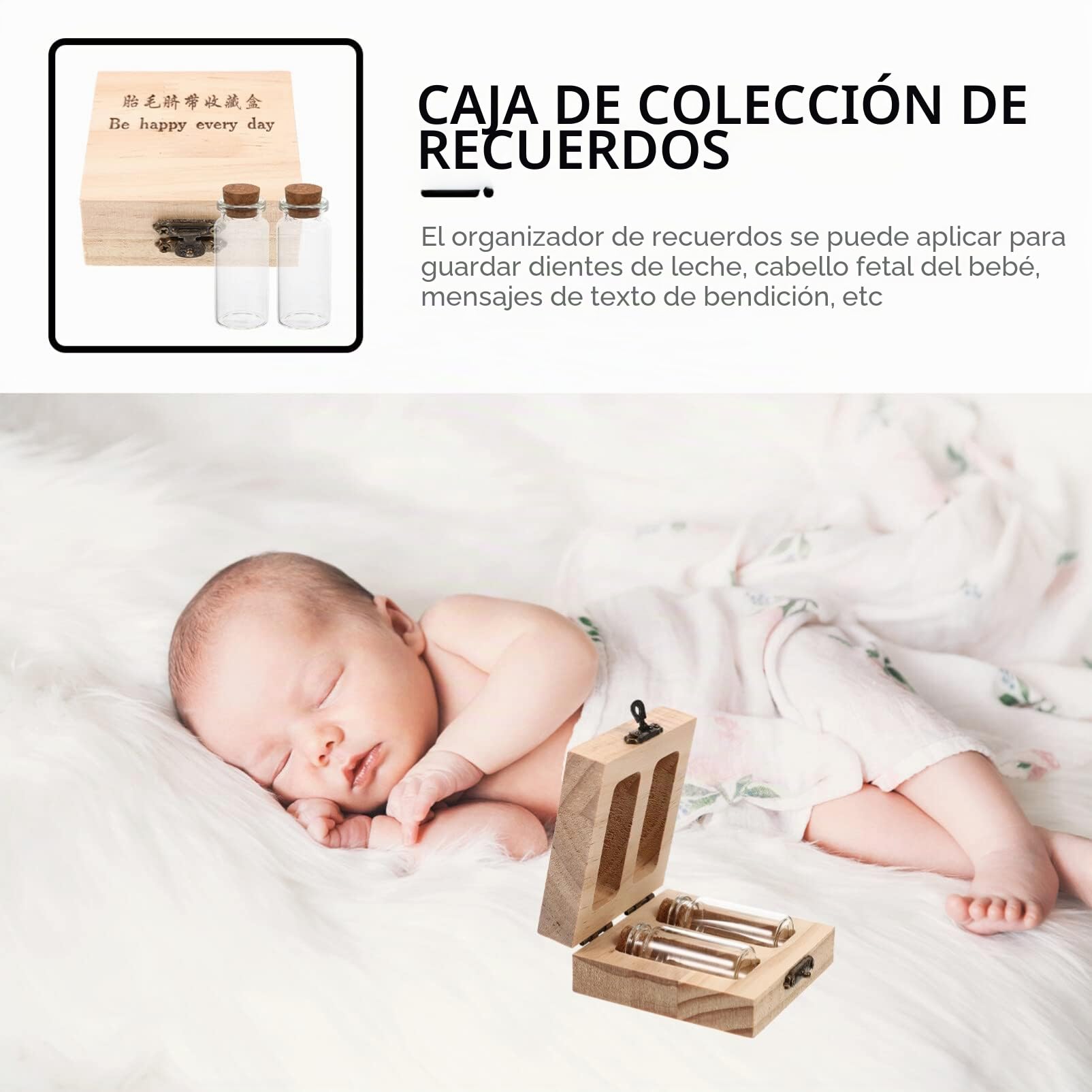 Healvian Caja de Recuerdo de Cordón Umbilical Botella de Almacenamiento de Cordón Umbilical Caja de Recolección de Cabello Fetal Caja de Almacenamiento de Recuerdo con 2 Botellas