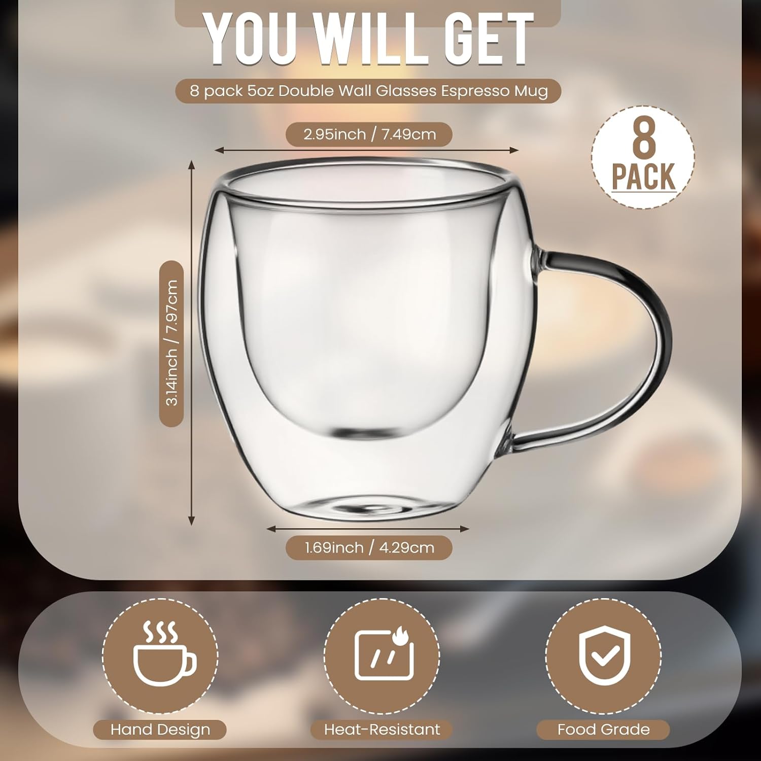 8 Pack Espresso Cups Double Wall 5oz Hand Blown Glass Coffee Mugs Clear Insulated Glass Coffee Shots Cups with Handle for Espresso Machine, Cappuccino, Latte, Tea - Image 2