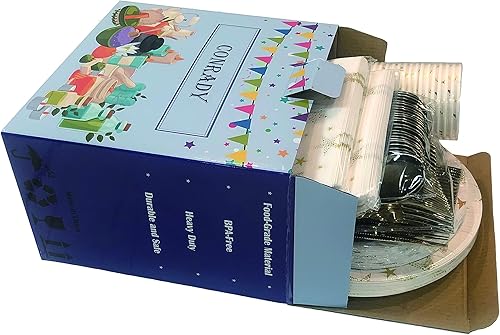Miniatura 6 de CONRADY - Juego de vajilla desechable de 200 piezas de estrella dorada, 25 platos de papel, platos de postre, vasos de papel, cubiertos de plástico