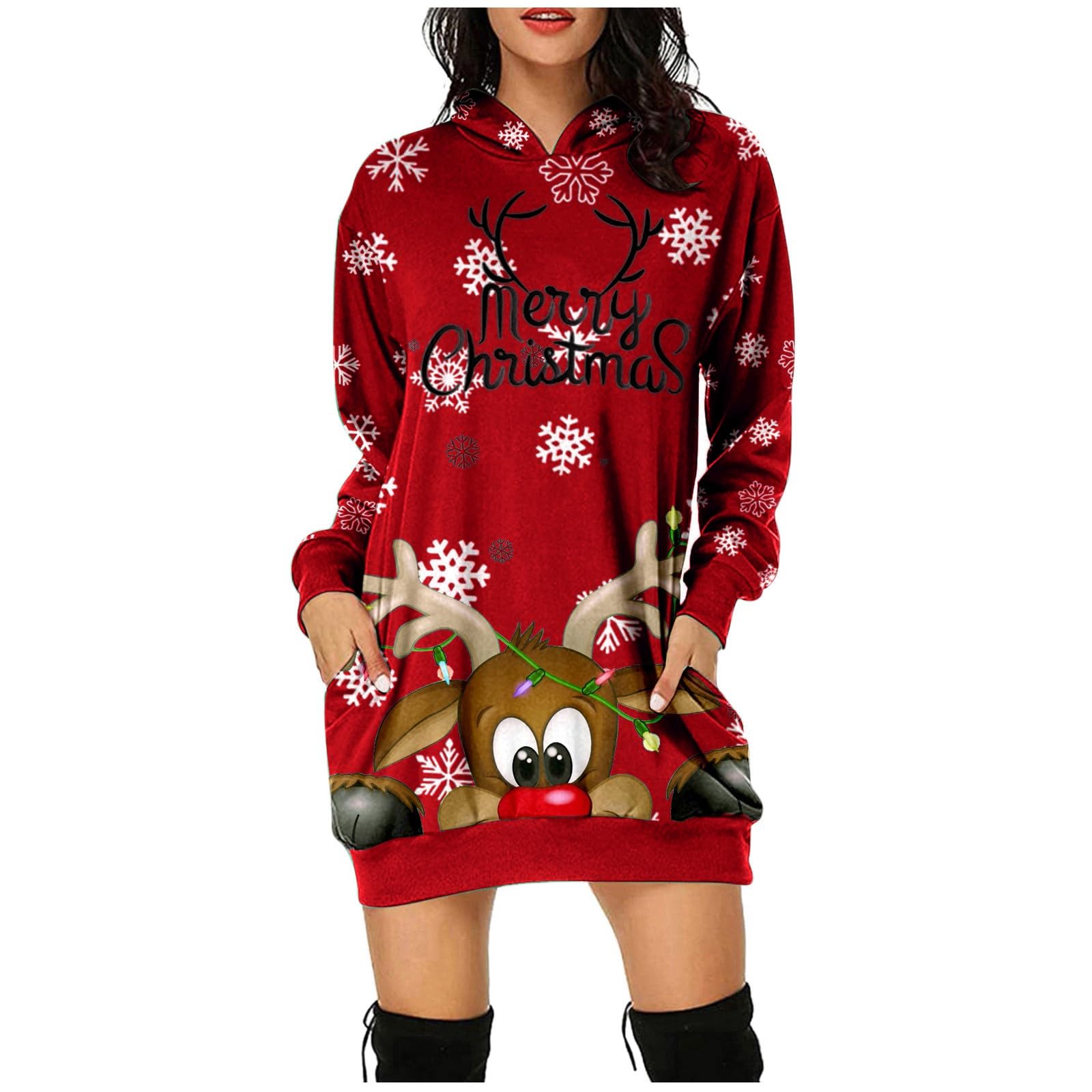 Robe Pull de Noel Femme Nouveauté Rudolph Robe Moche Noel Col Rond Robe Pull Hiver Chic Sexy Casual Robe Oversize Jupe Déguisement Mere de Noel Femme Costume Noël