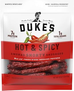 Duke's Hot & Spicy Smoked Shorty Sausages - Keto-Friendly Pork Snacks, 7g Protein, 1g Net Carbs, 16oz Bag