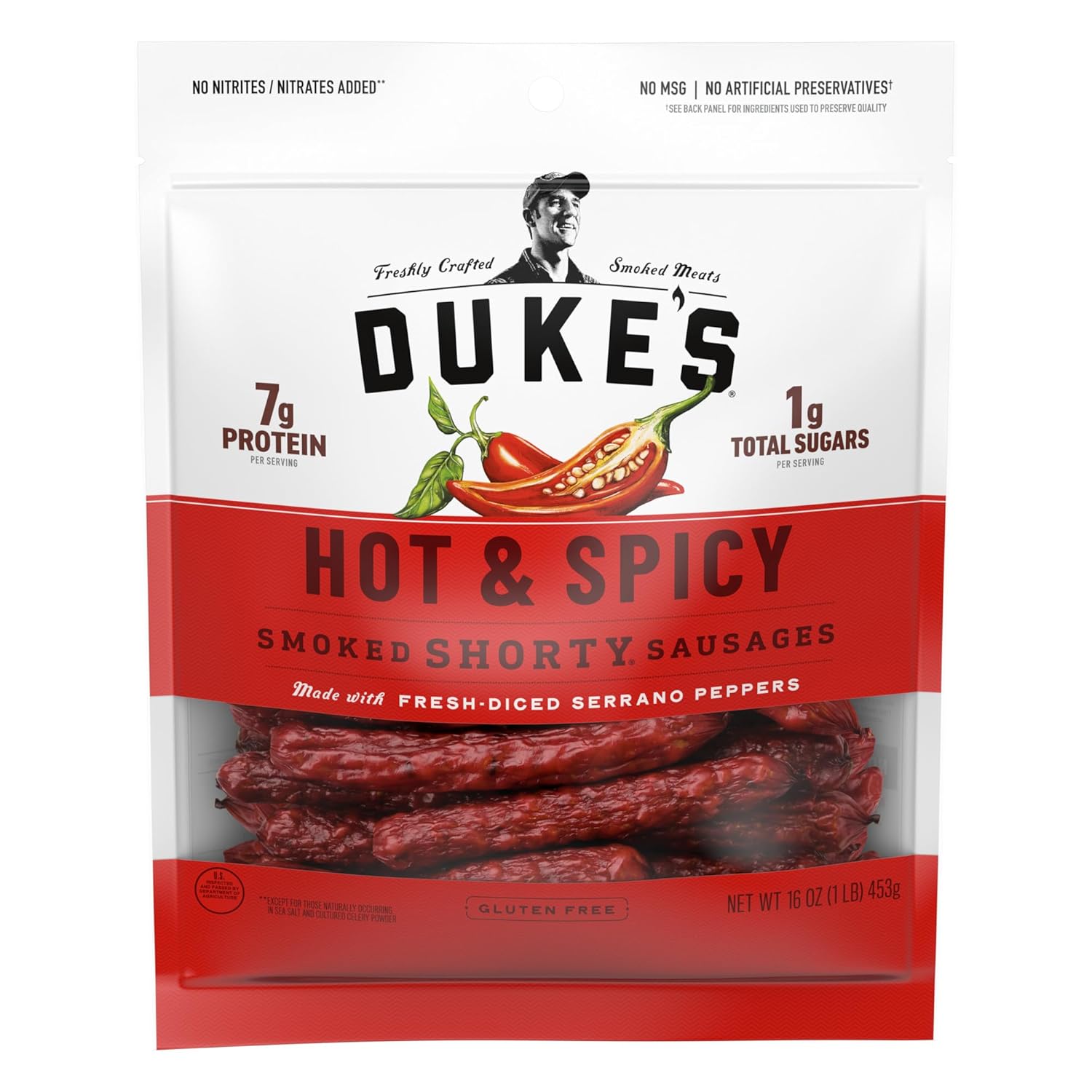 Duke's Hot & Spicy Smoked Shorty Sausages - Keto-Friendly Pork Snacks, 7g Protein, 1g Net Carbs, 16oz Bag