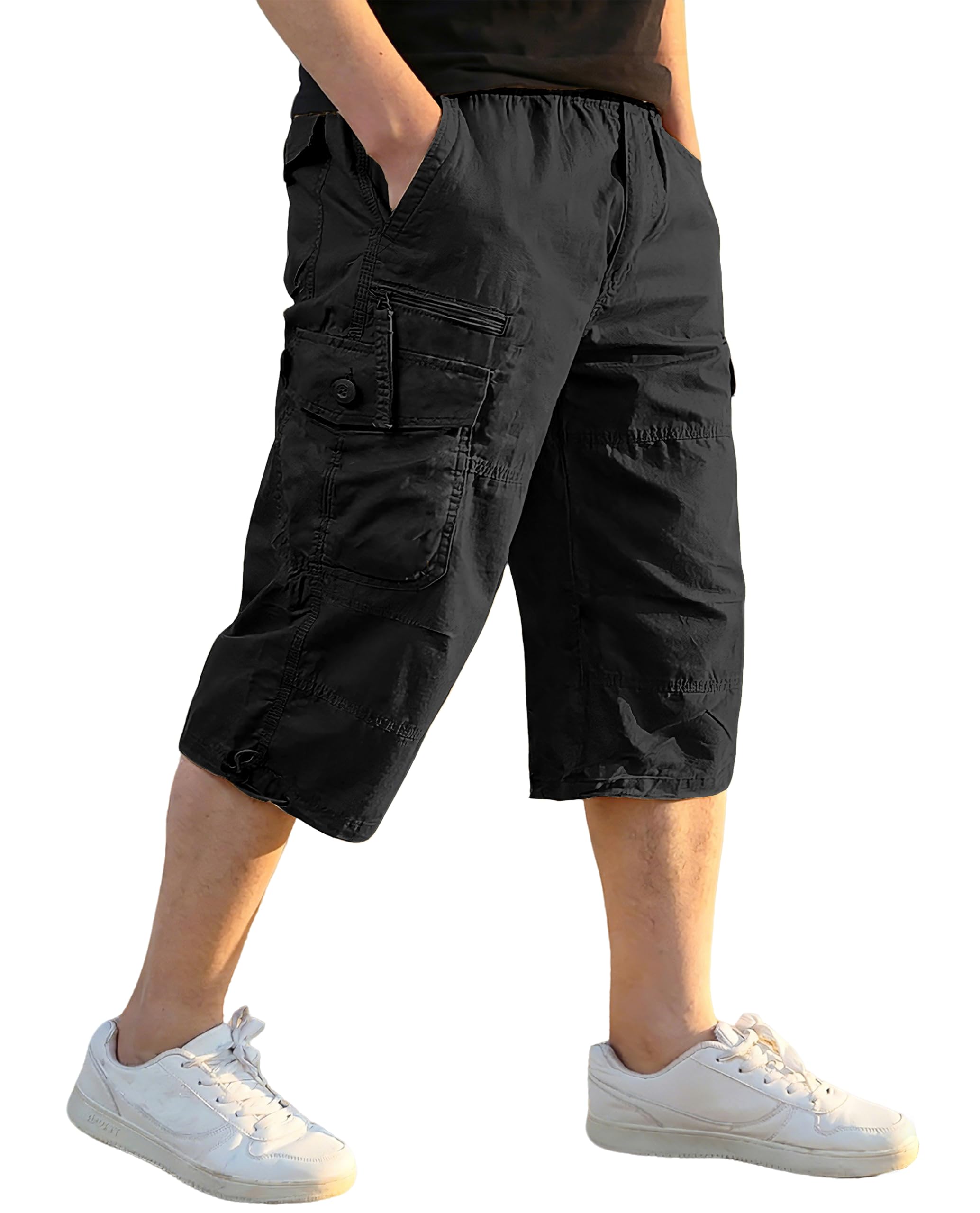 eklentson Men's Casual Twill Elastic Cargo Shorts Below Knee Loose Fit Multi-Pocket Capri Long Shorts-picture-49