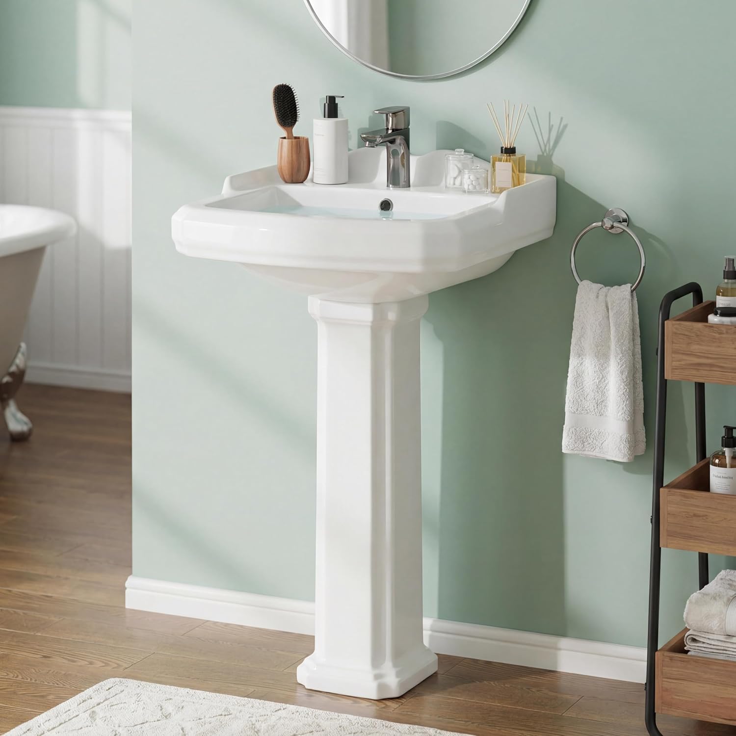 GarveeTech Vintage Pedestal Bathroom Sink - 19x23 Inch Ceramic Vanity Sink with Overflow Hole, Single Hole Faucet Drilling,Freestanding Pedestal Sink for Farmhouse Bathroom