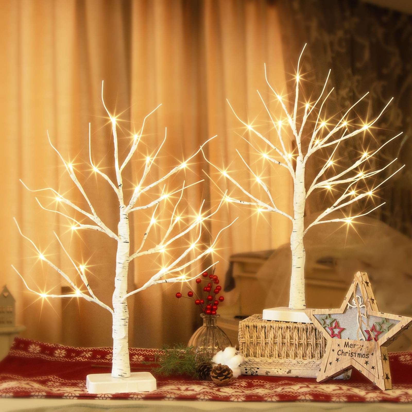 DELICHTER 2-delig set lichtboom met 24 warmwitte LEDs, berken boompjes met timerfunctie, decoratieve takken, werkt op batterijen, kerstdecoratie voor thuis, feest, Kerstmis, Pasen, bruiloft, 55 cm
