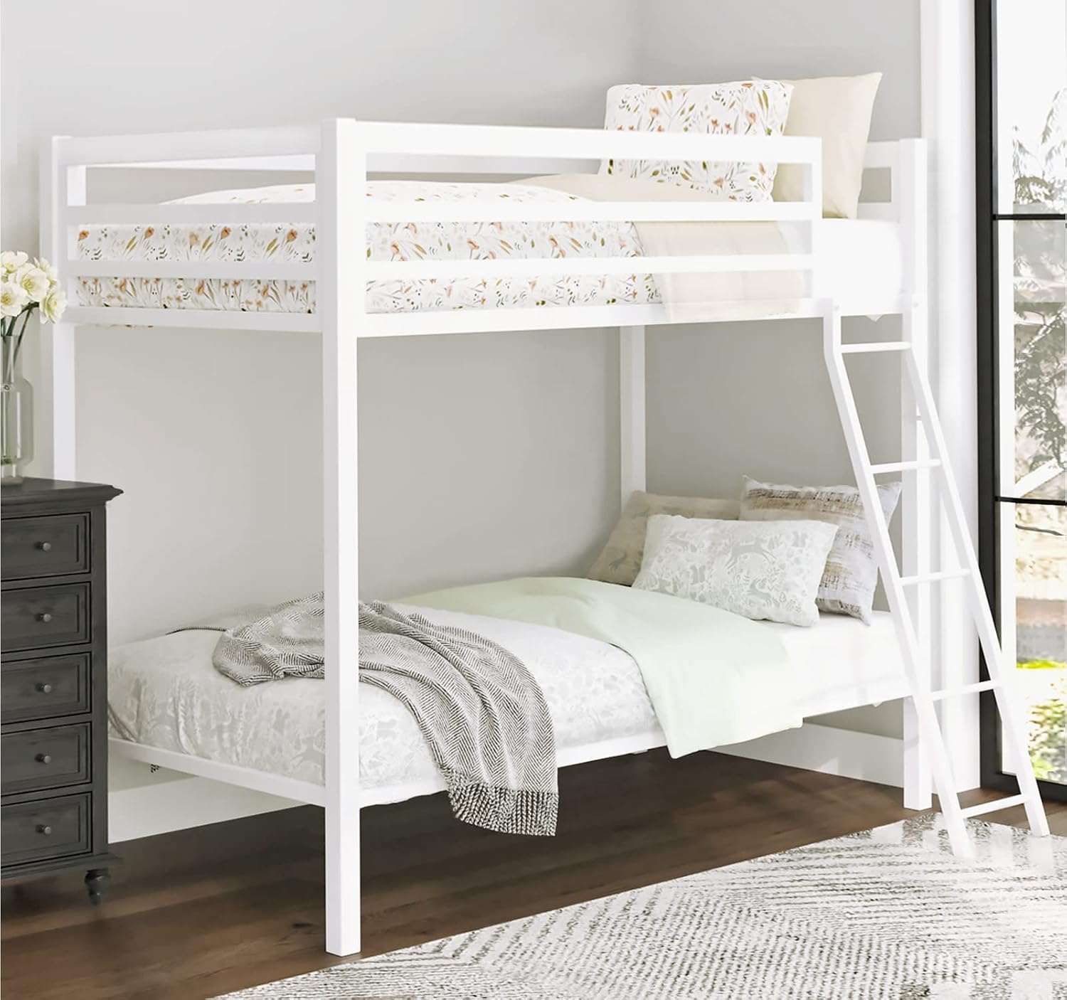 Allewie Metal Bunk Bed Twin Over Twin Size for Junior & Adults with Angled Ladder & Heavy Duty Safety Guardrail, Space-Saving / Noise Free, White