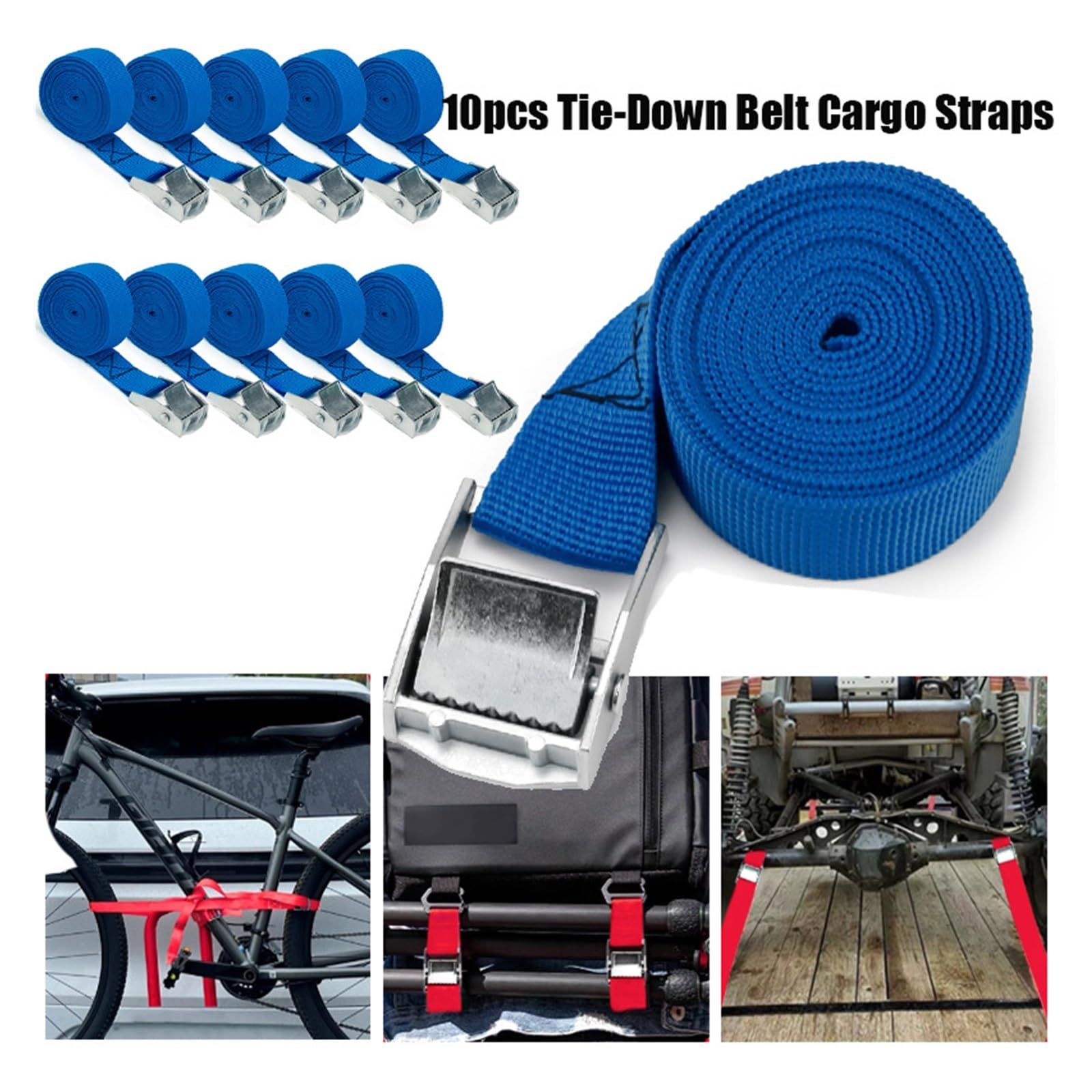 Sangles d'arrimage, Lot de 10 sangles d'arrimage robustes avec verrouillage serrage - Noir/Rouge/Bleu Outil fixation for motos et bagages(Blauw)