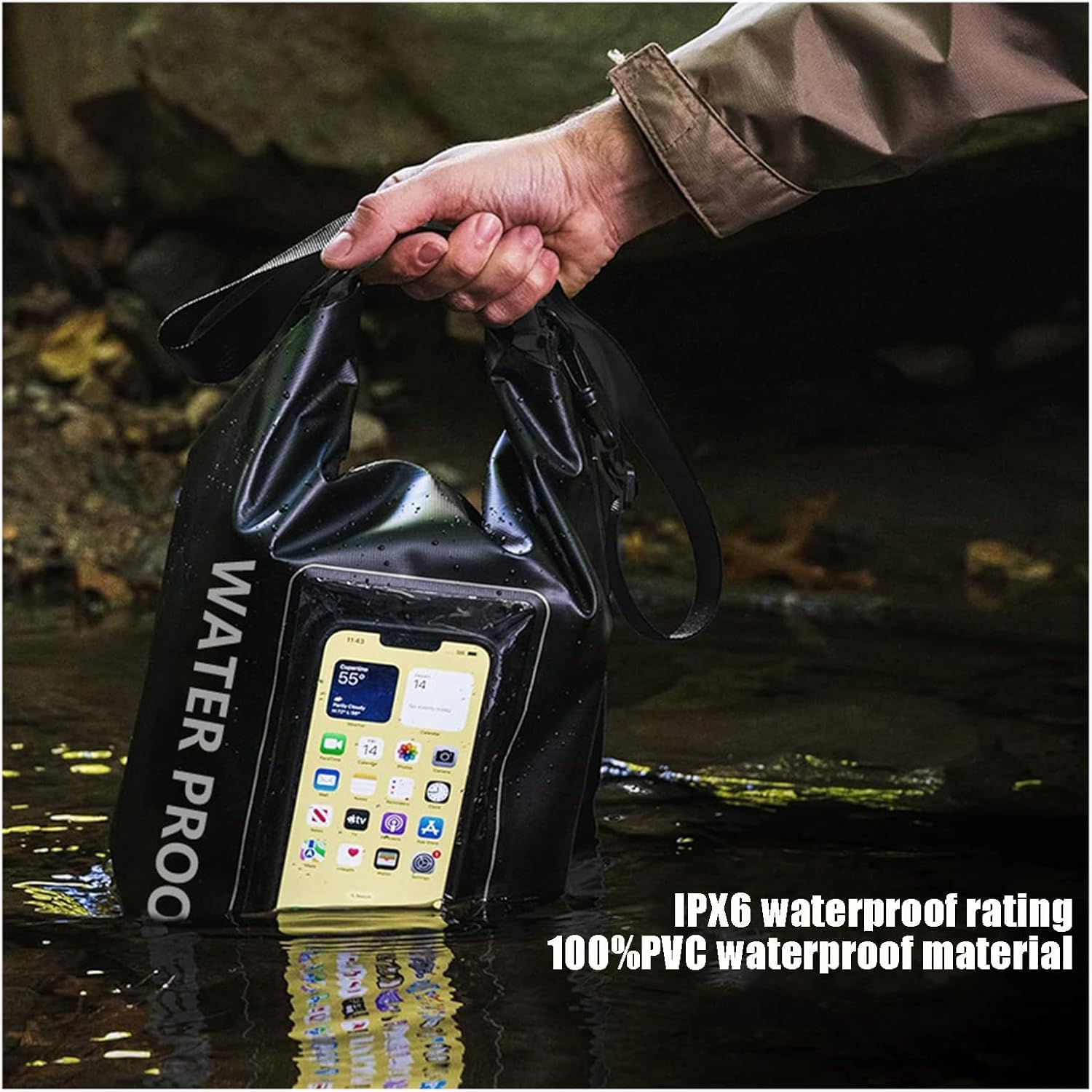 Custodia per Telefono Impermeabile Zaino Impermeabile con Chiusura Arrotolabile 2L/5L con Custodia per Telefono Borsa Impermeabile tattile per Nuoto, Spiaggia e Viaggi,Nero Verde,2L