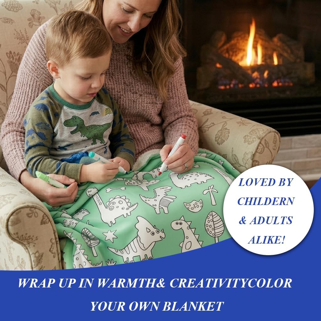 Green Dinosaurs DIY Coloring Blanket Set - Soft Sherpa Fleece Throw with Colored Markers | Creative Art Blanket for Kids & Adults Daily Use image 4