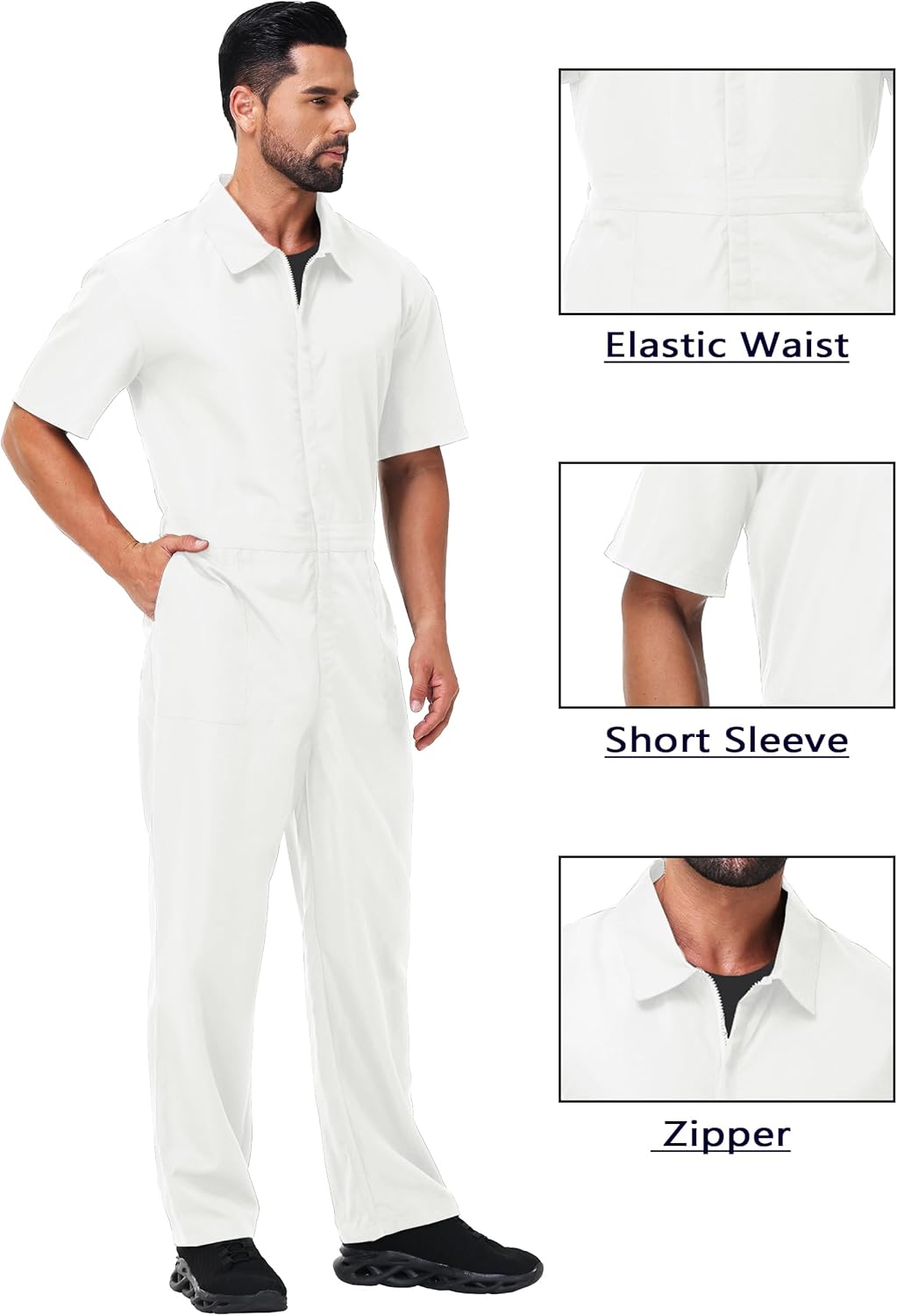 AOBUTE Men Halloween Mechanic Jumpsuit Short Sleeve Zipper Solid Color Coveralls