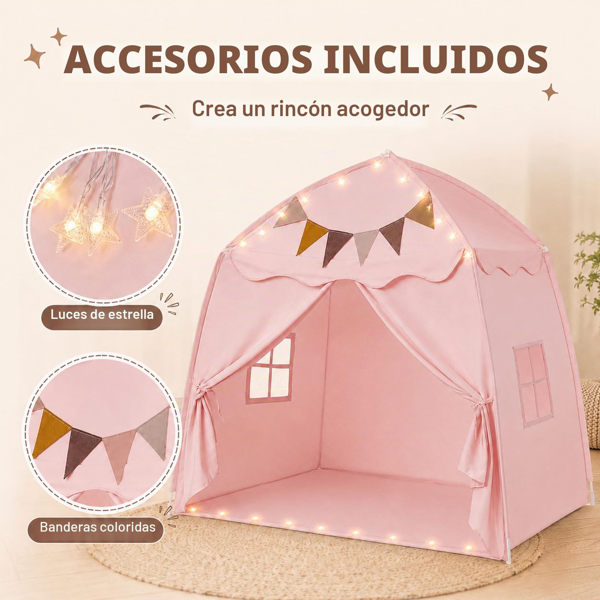 Tienda de campaña de cúpula rosa para interior y exterior, extra grande, plegable, 150 x 100 x 150 cm, tienda de campaña portátil para interior con ventanas, guirnalda de banderines y luz de estrellas
