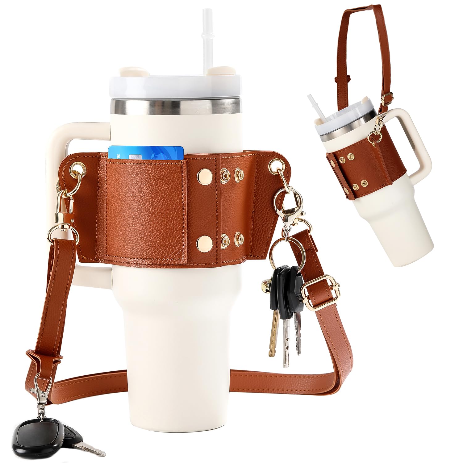 Imcrasy Leather Water Bottle Holder with Strap Compatible with Stanley 30oz & 40oz Tumbler with Handle | Stanley Cup Accessories | Water Bottle Carrier with Card Holder & Keyring