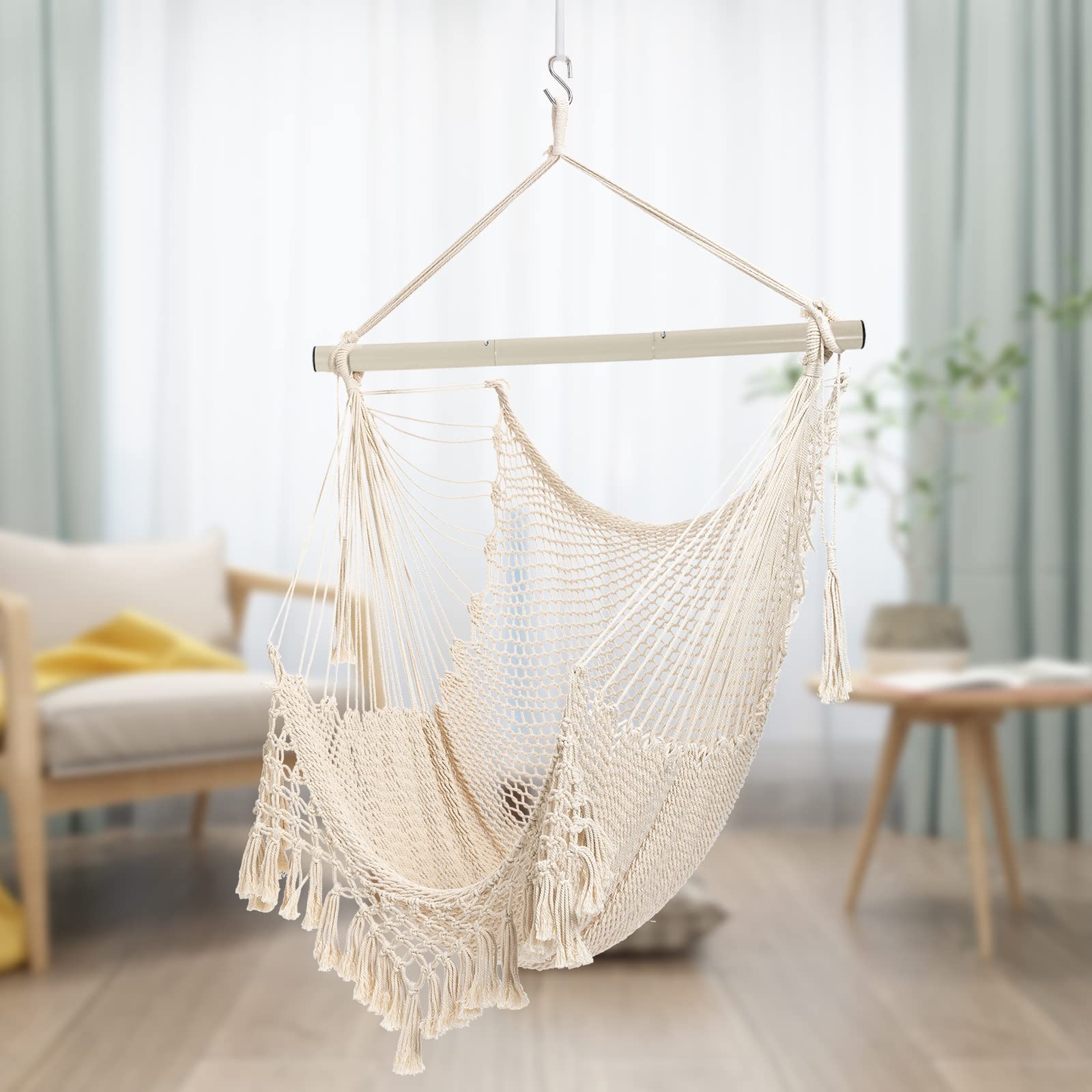 Hängesessel Hängestuhl Aus Weichem Baumwollseil Mit Hochbelastbarer Metallstange,Geeignet Indoor Outdoor Garten Balkon，Belastbar bis 150 kg