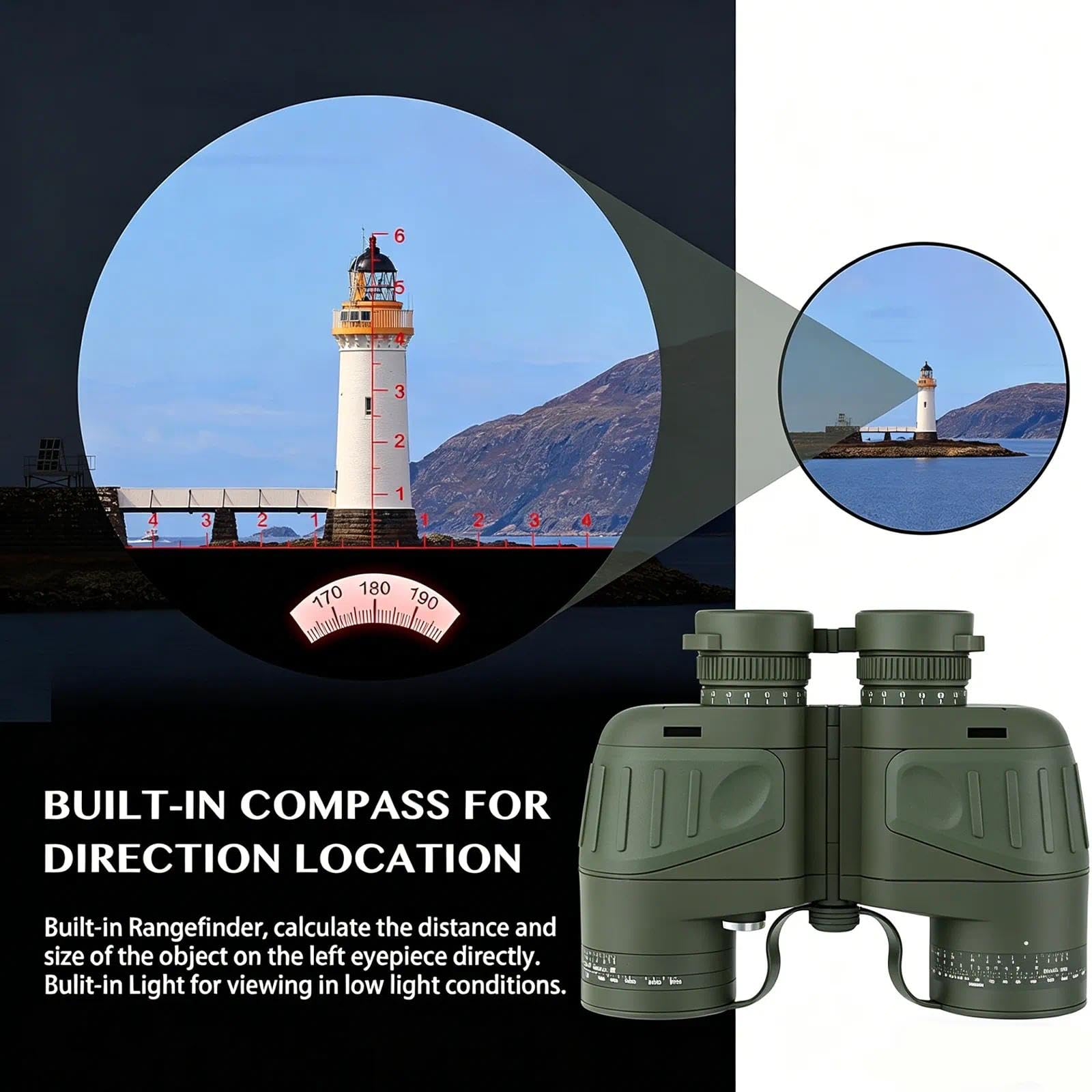 Fernglas mit Kompass, wasserdicht, hohe Vergrößerung, High-Definition-Entfernungsmesser, Nachtsicht, ideal für Outdoor-Aktivitäten, Bootfahren, Angeln und Segeln (Armeegrün, 7 x 50)