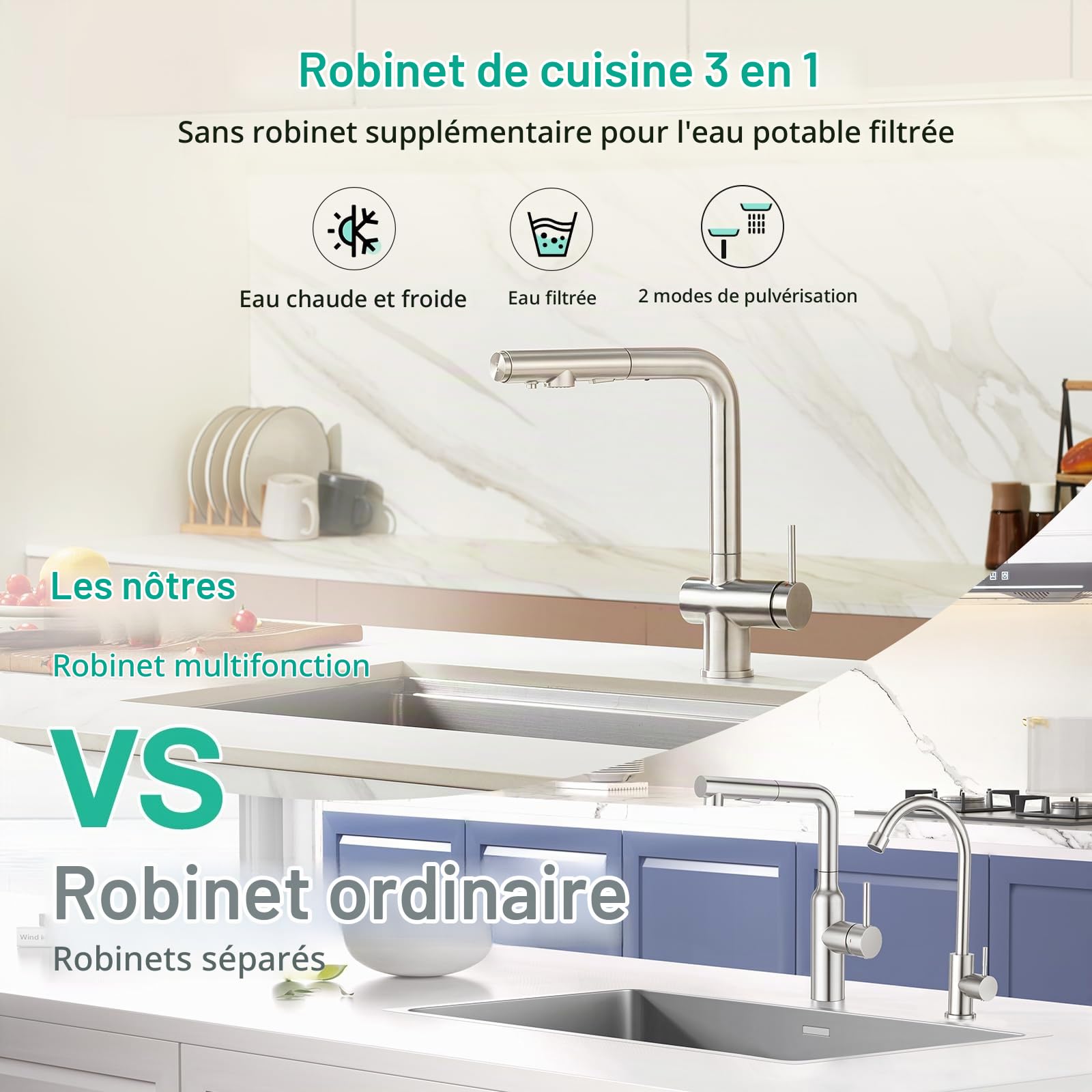 Faustina Robinet de cuisine 3 voies avec douchette extensible, mitigeur monocommande Robinet d'évier Robinet d'eau potable Cuisine pour osmose inverse et filtre à eau en acier inoxydable brossé